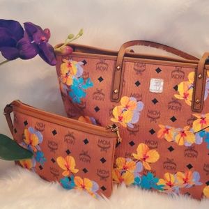 Authentic MCM Top Zip Floral Tote Bag amd Pouch